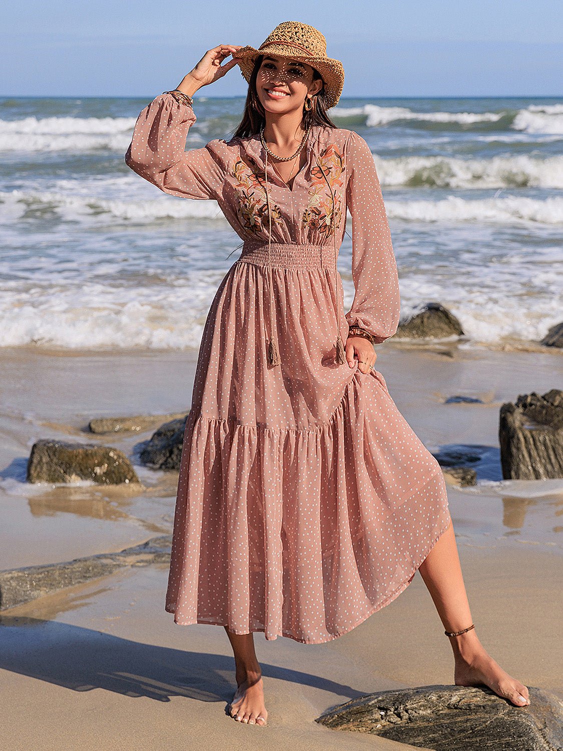 Beach Rose Co. - Embroidered Polka Dot Long Sleeve Midi Dress