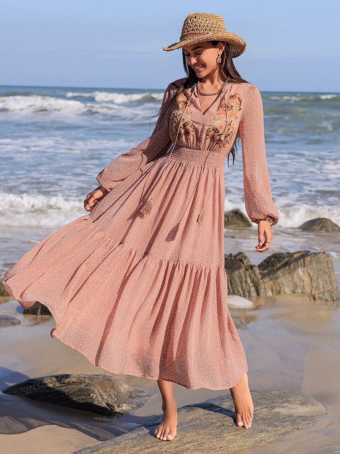 Beach Rose Co. - Embroidered Polka Dot Long Sleeve Midi Dress