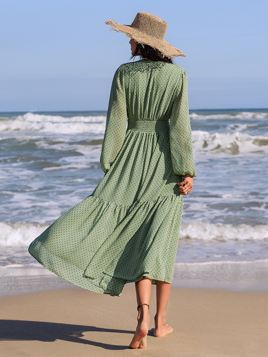 Beach Rose Co. - Embroidered Polka Dot Long Sleeve Midi Dress