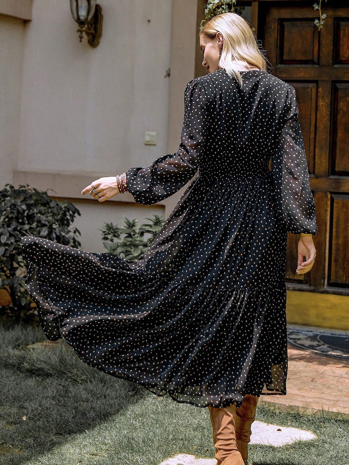 Beach Rose Co. - Embroidered Polka Dot Long Sleeve Midi Dress