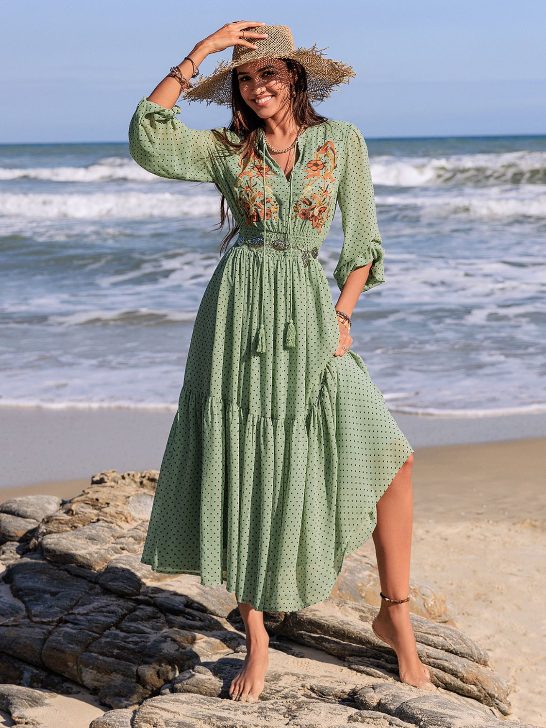 Beach Rose Co. - Embroidered Polka Dot Long Sleeve Midi Dress