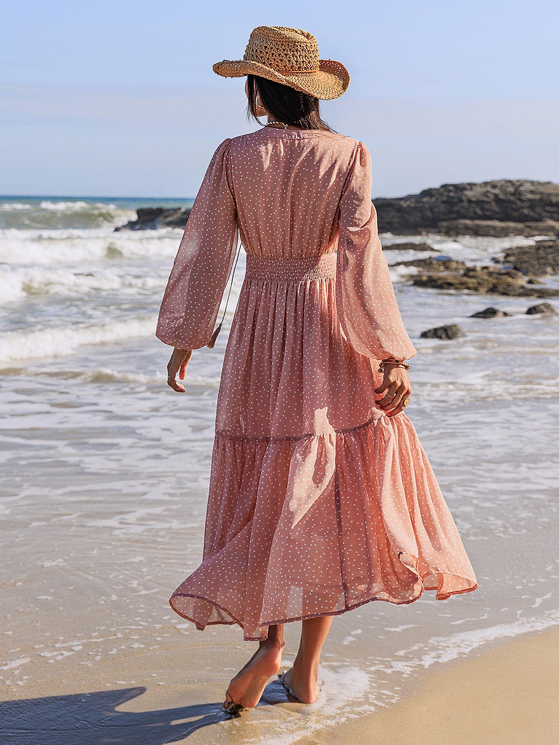 Beach Rose Co. - Embroidered Polka Dot Long Sleeve Midi Dress