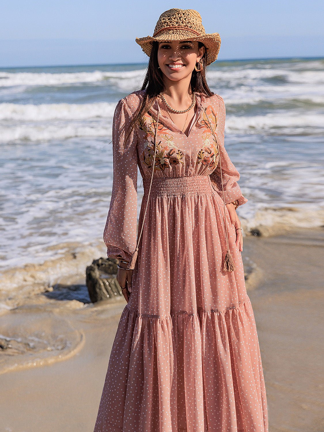 Beach Rose Co. - Embroidered Polka Dot Long Sleeve Midi Dress