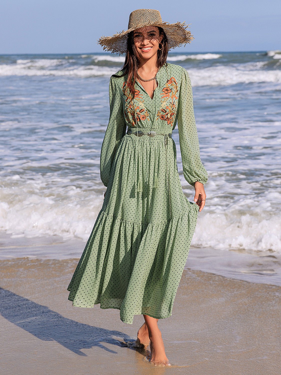 Beach Rose Co. - Embroidered Polka Dot Long Sleeve Midi Dress