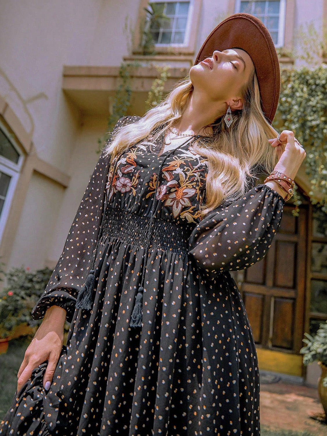 Beach Rose Co. - Embroidered Polka Dot Long Sleeve Midi Dress