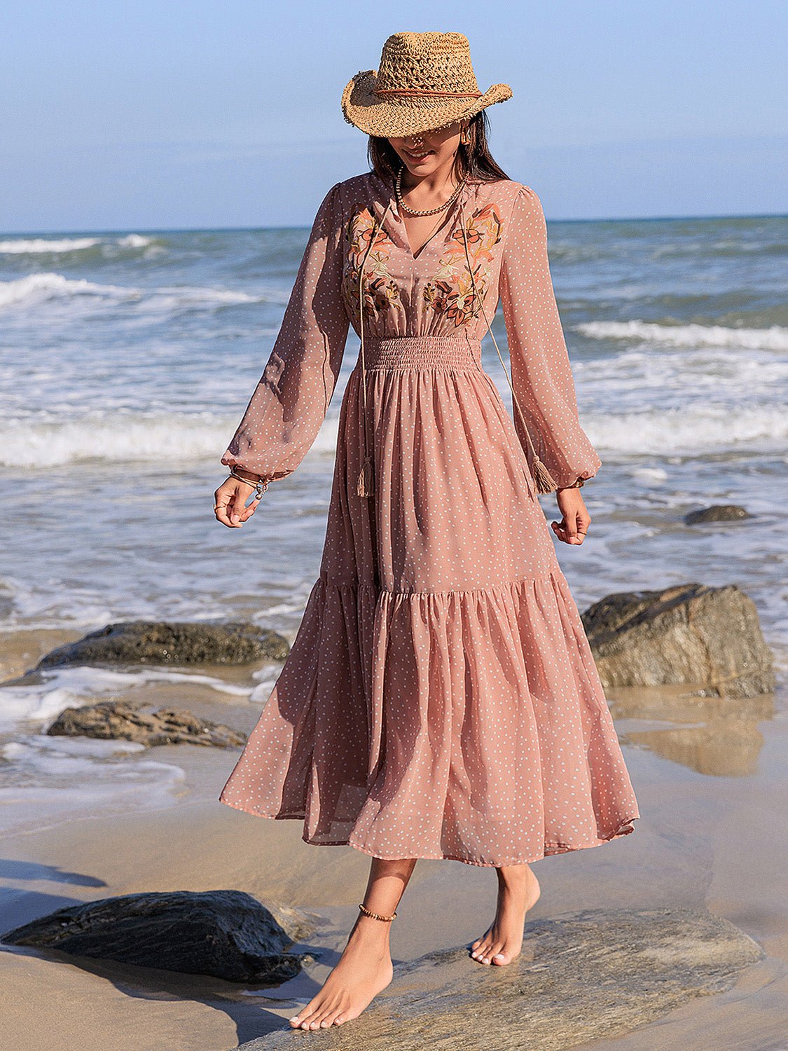 Beach Rose Co. - Embroidered Polka Dot Long Sleeve Midi Dress