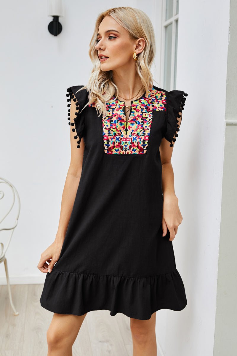 Beach Rose Co. - Embroidered Ruffle Hem Mini Dress