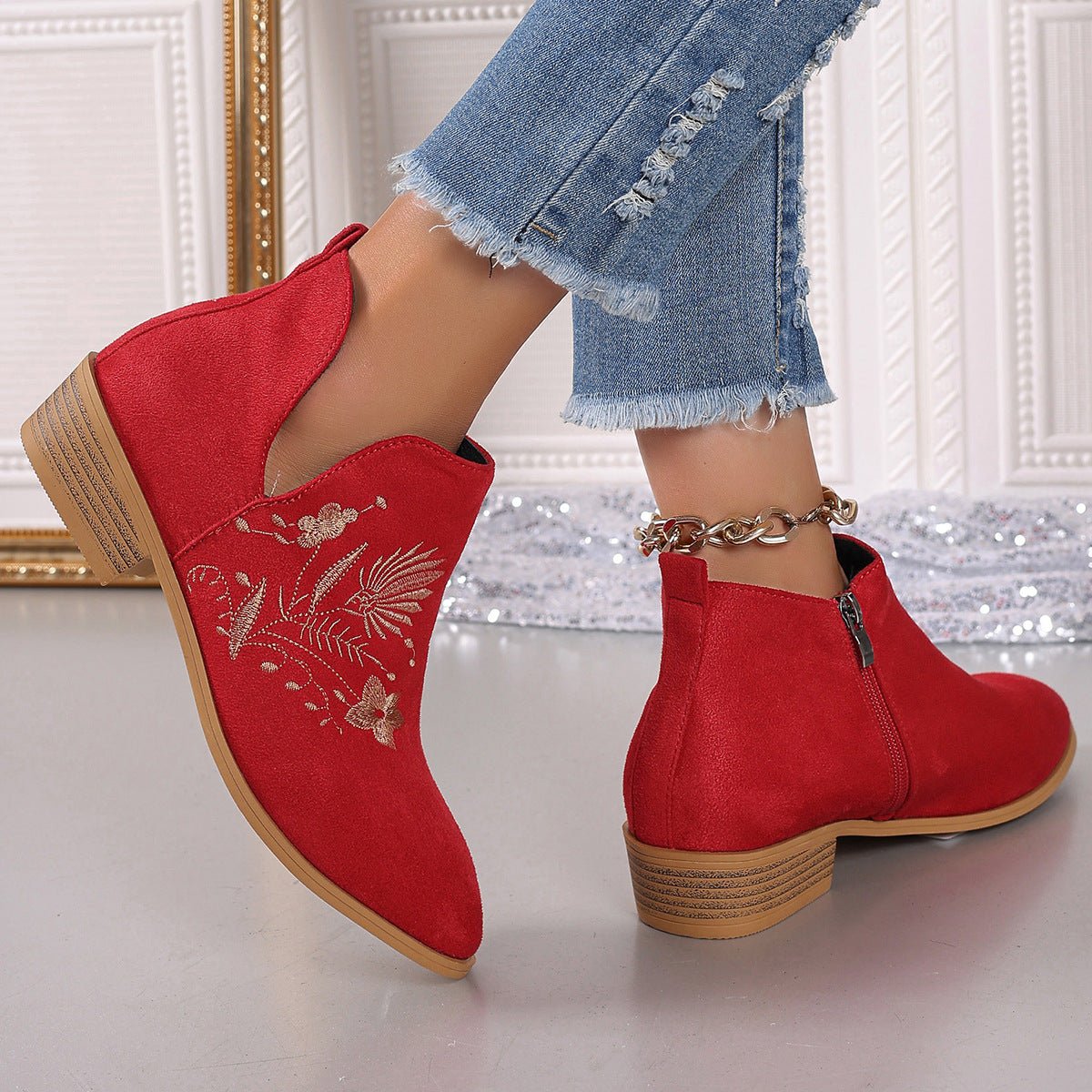 Beach Rose Co. - Embroidered Suede Block Heel Boots