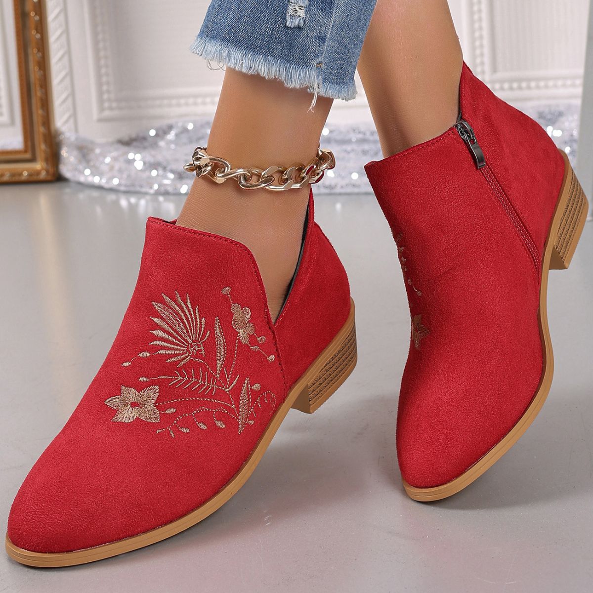 Beach Rose Co. - Embroidered Suede Block Heel Boots