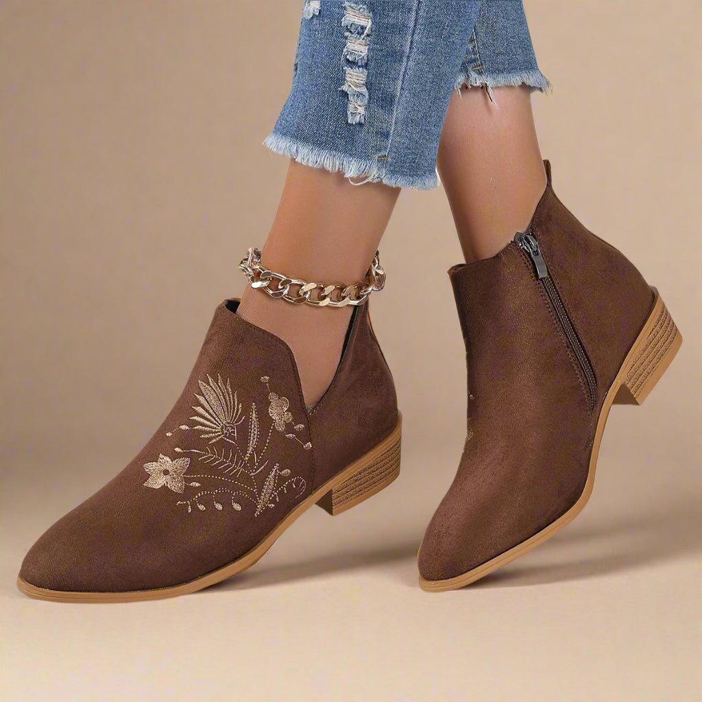 Beach Rose Co. - Embroidered Suede Block Heel Boots