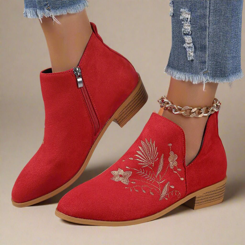 Beach Rose Co. - Embroidered Suede Block Heel Boots