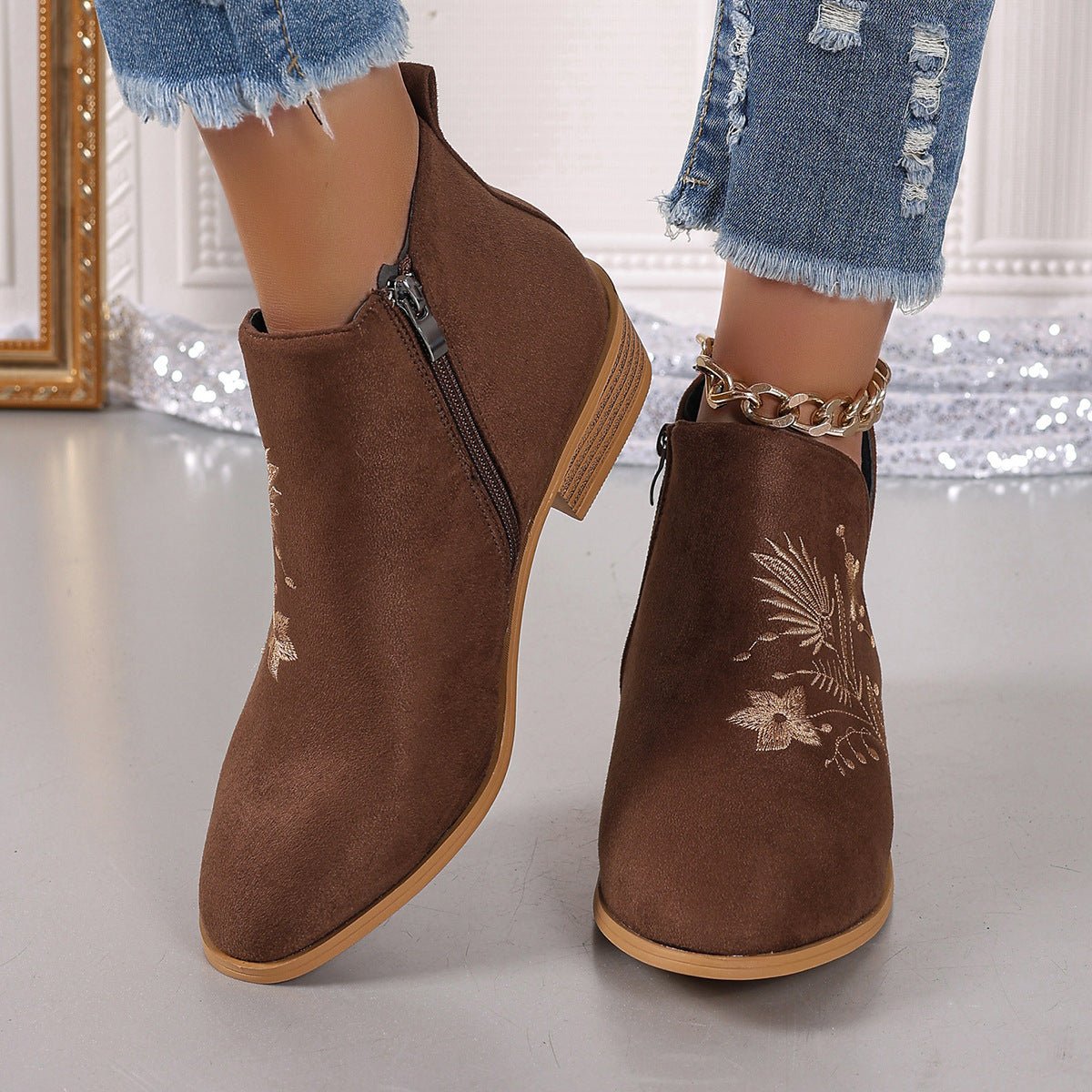 Beach Rose Co. - Embroidered Suede Block Heel Boots