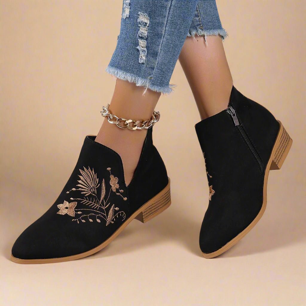 Beach Rose Co. - Embroidered Suede Block Heel Boots