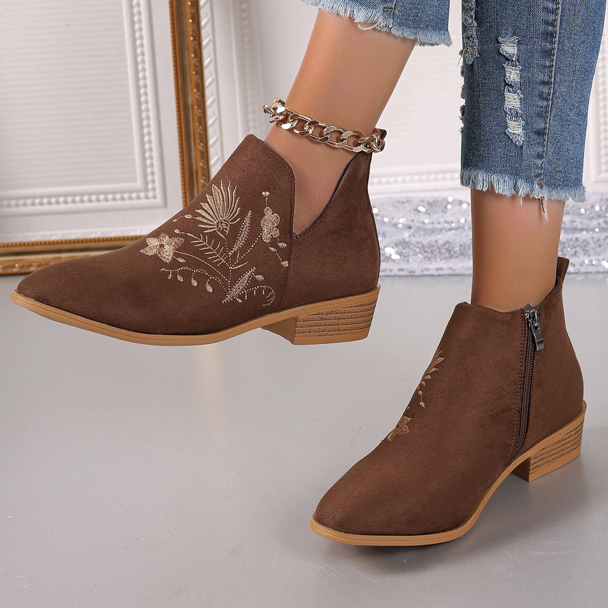 Beach Rose Co. - Embroidered Suede Block Heel Boots