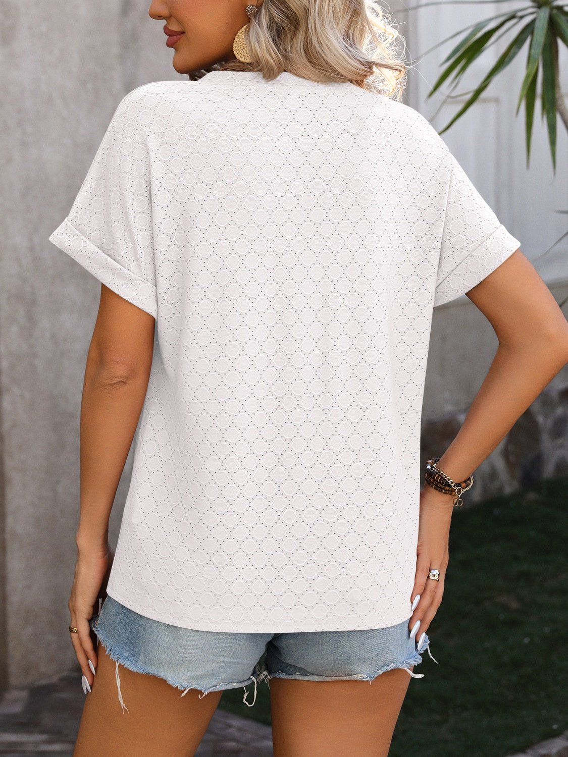 Beach Rose Co. - Eyelet Split Neck Short Sleeve T-Shirt