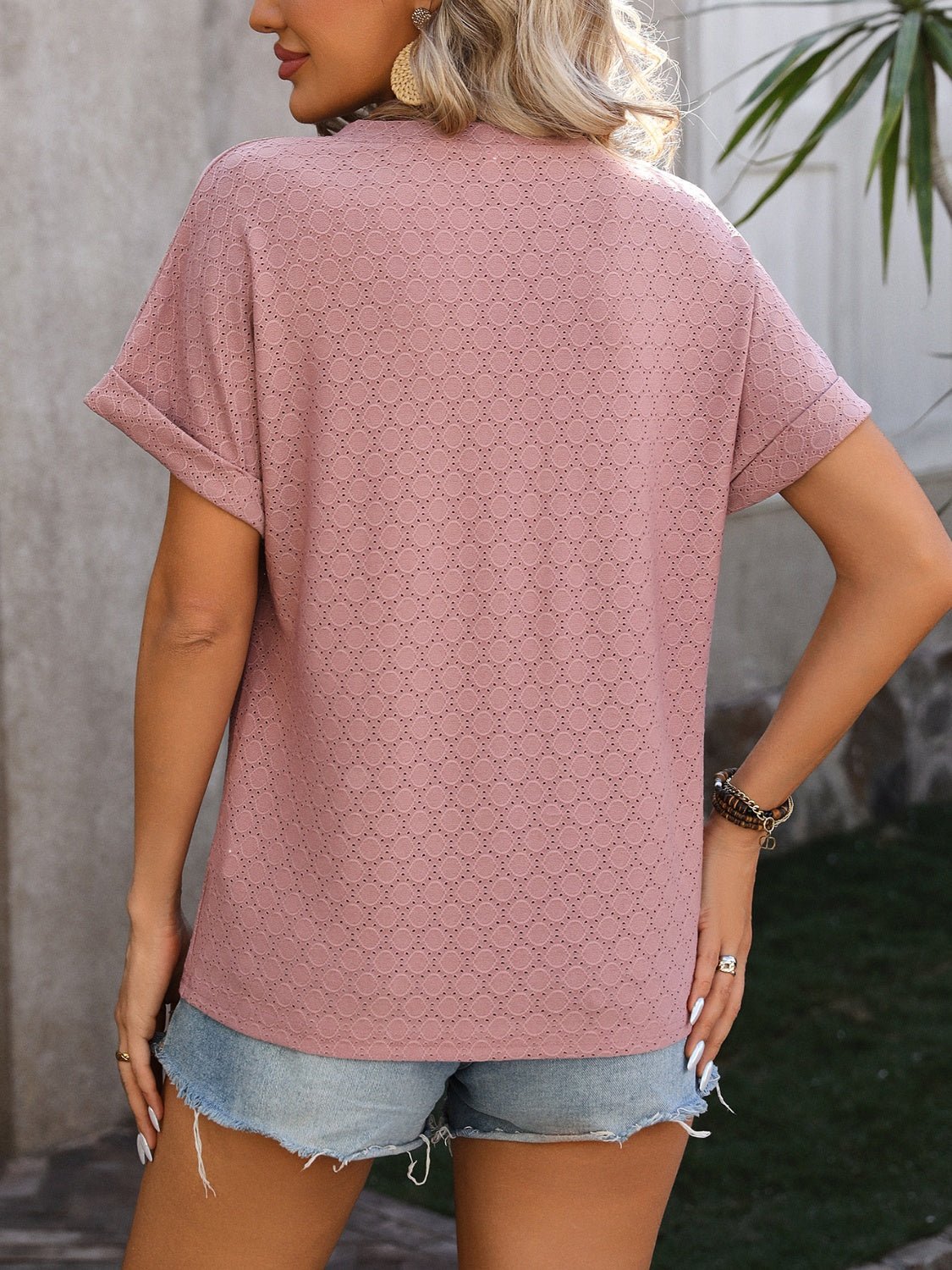 Beach Rose Co. - Eyelet Split Neck Short Sleeve T-Shirt