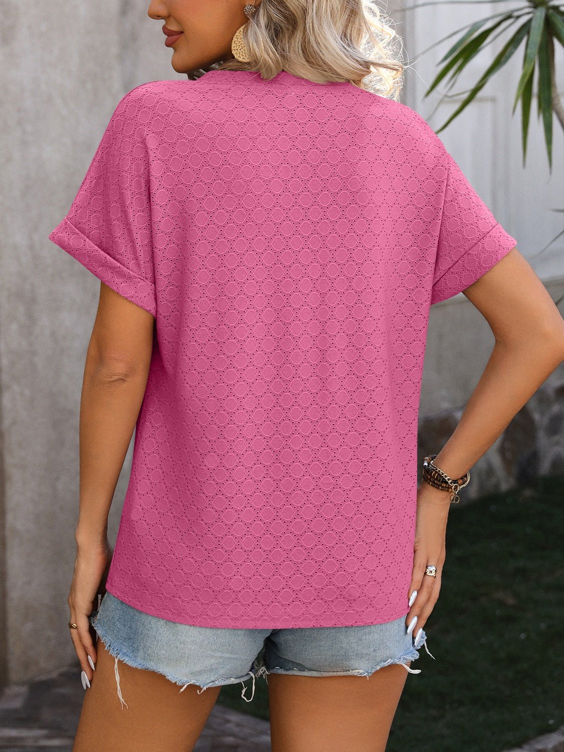 Beach Rose Co. - Eyelet Split Neck Short Sleeve T-Shirt