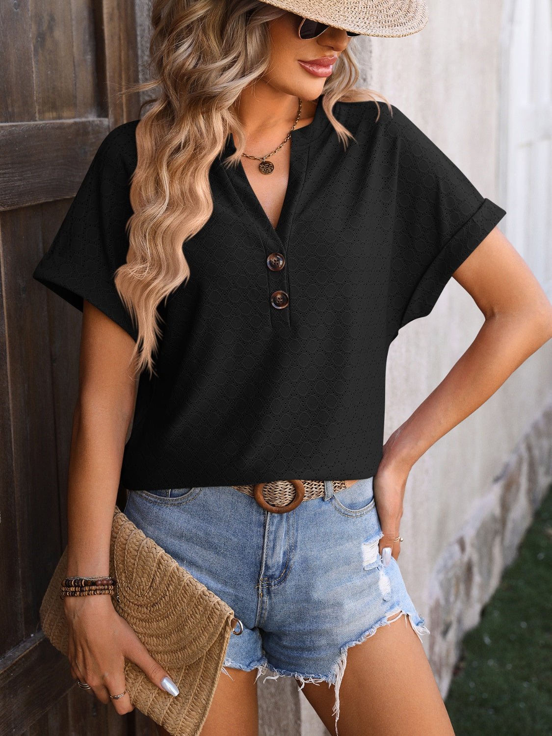 Beach Rose Co. - Eyelet Split Neck Short Sleeve T-Shirt