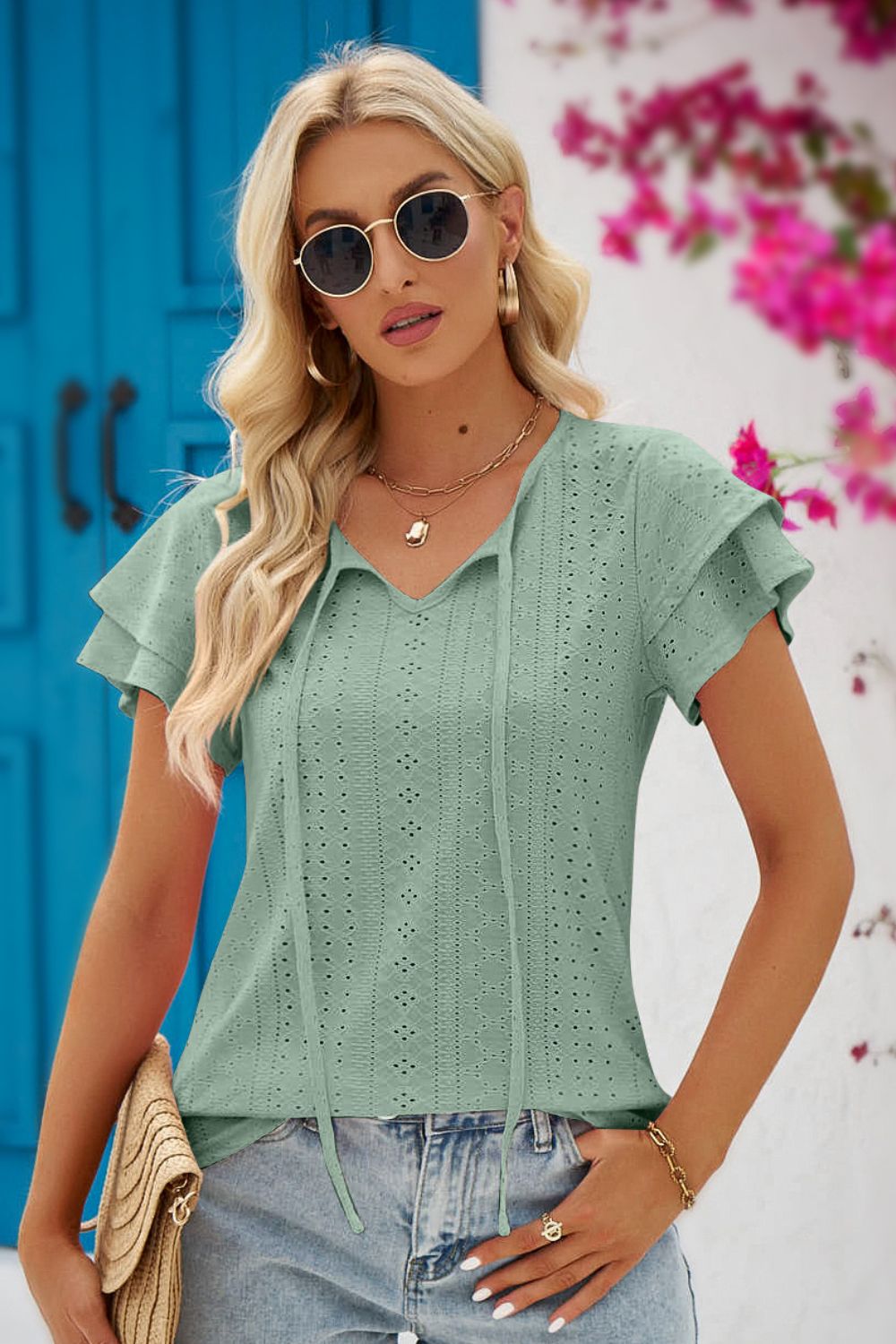 Beach Rose Co. - Eyelet Tie - Neck Flutter Sleeve Blouse