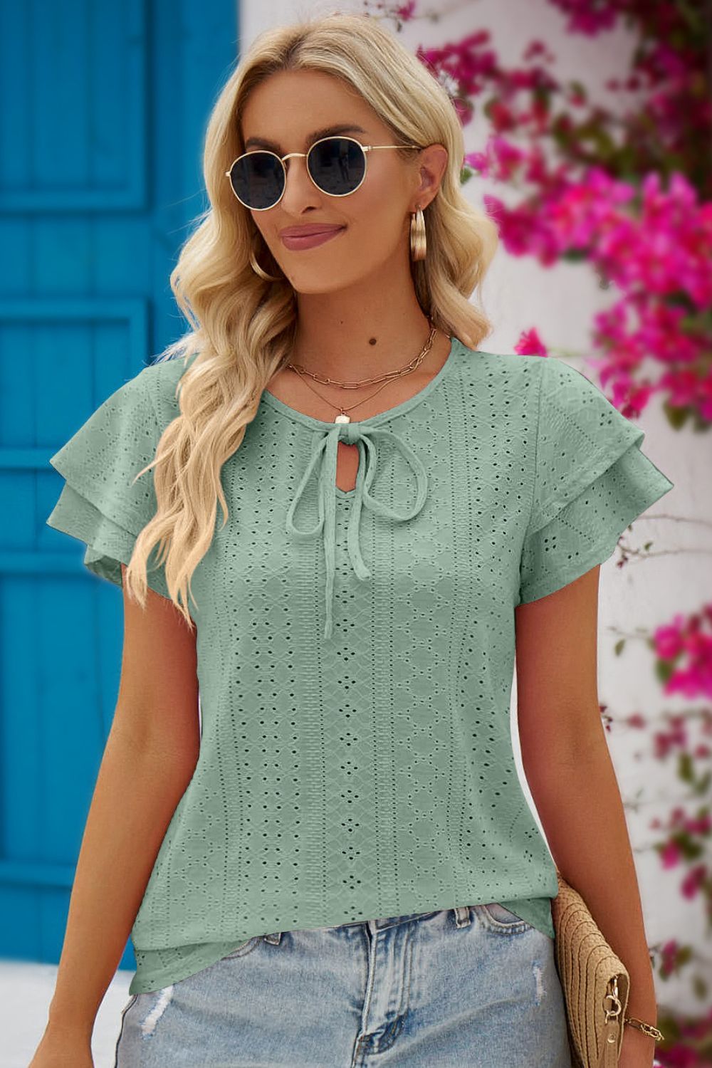 Beach Rose Co. - Eyelet Tie - Neck Flutter Sleeve Blouse