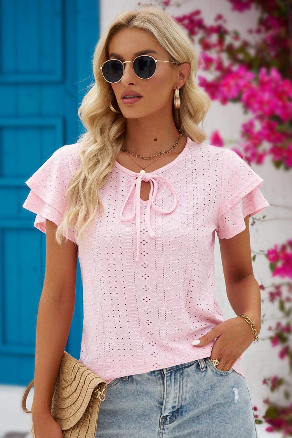 Beach Rose Co. - Eyelet Tie - Neck Flutter Sleeve Blouse