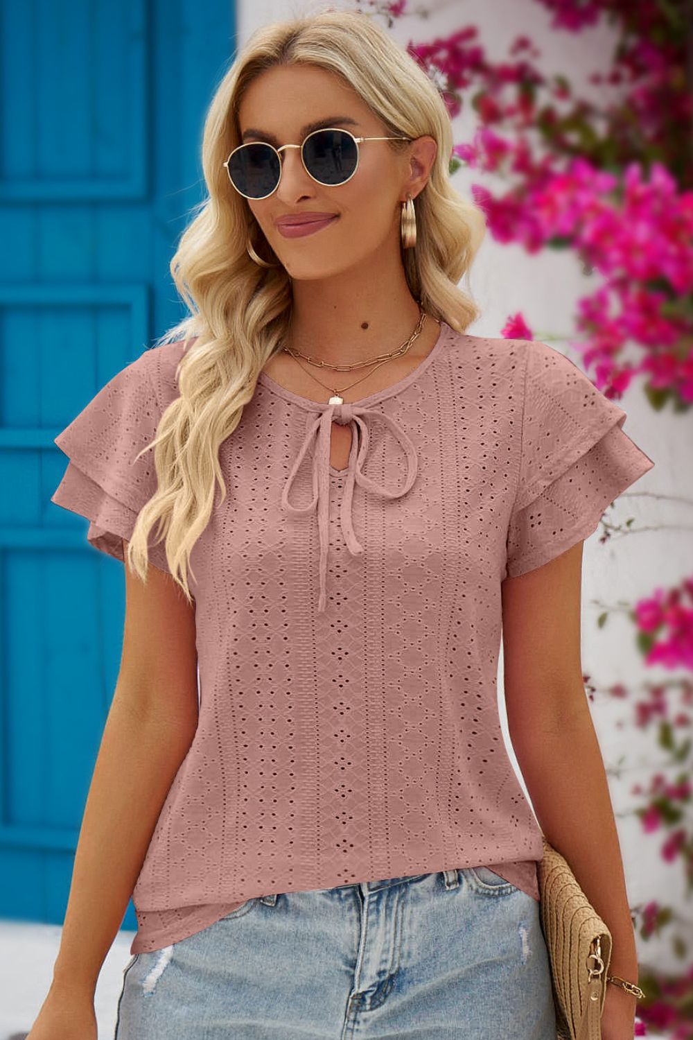 Beach Rose Co. - Eyelet Tie - Neck Flutter Sleeve Blouse