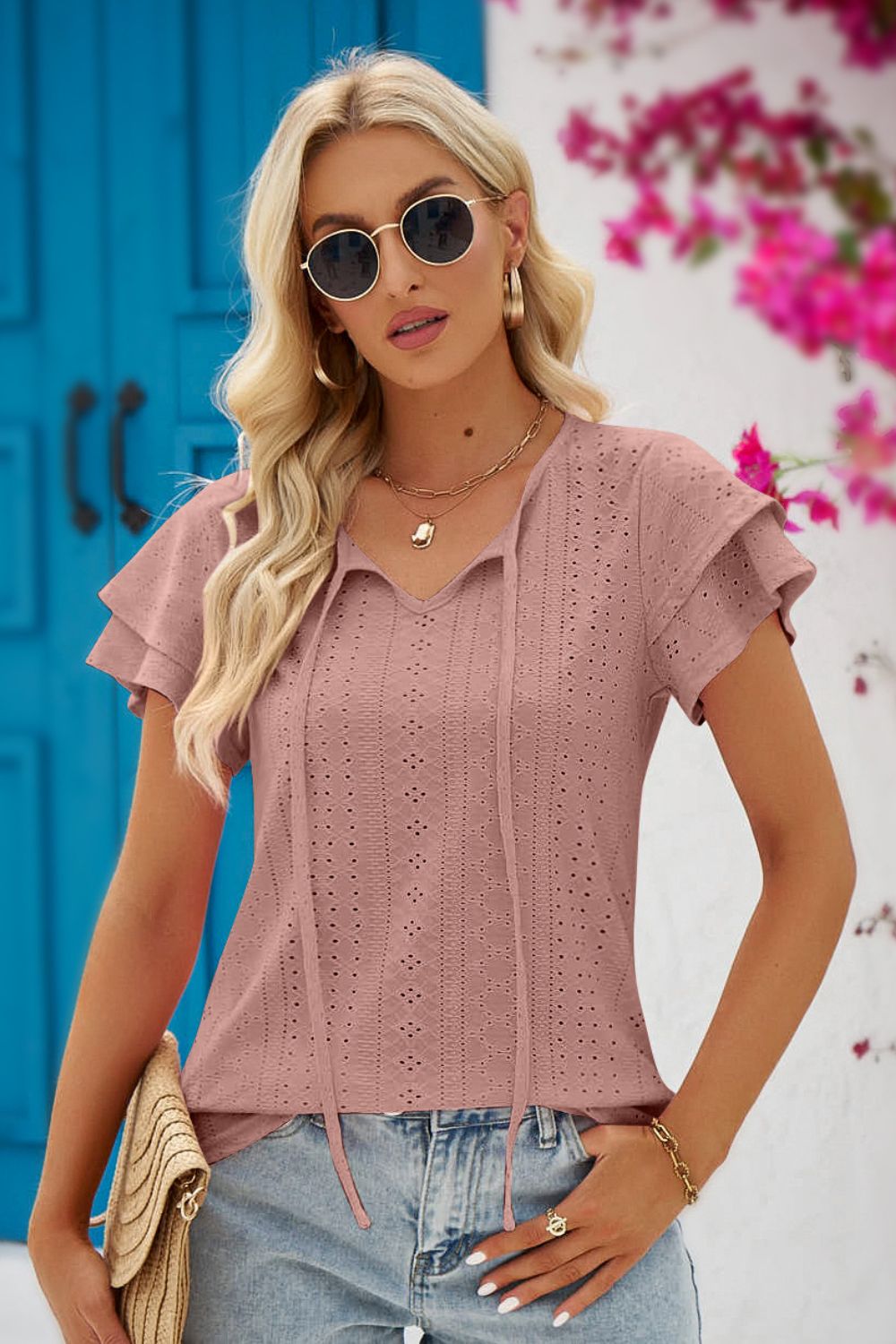 Beach Rose Co. - Eyelet Tie - Neck Flutter Sleeve Blouse