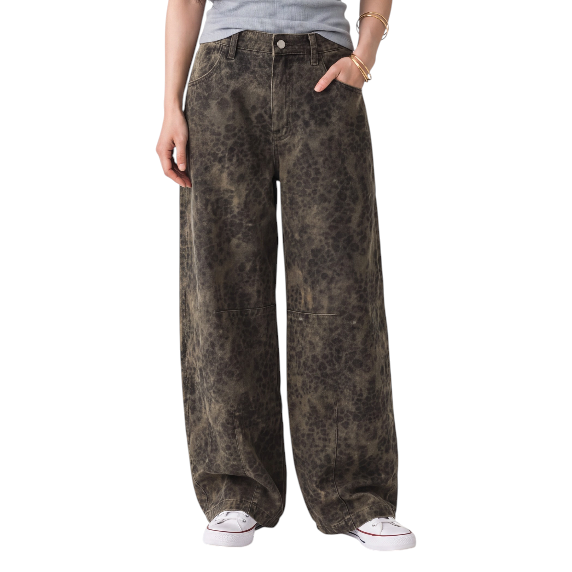 Beach Rose Co. relaxed barrel-leg jeans in faded dark wash denim with knee darts and front scoop pockets.