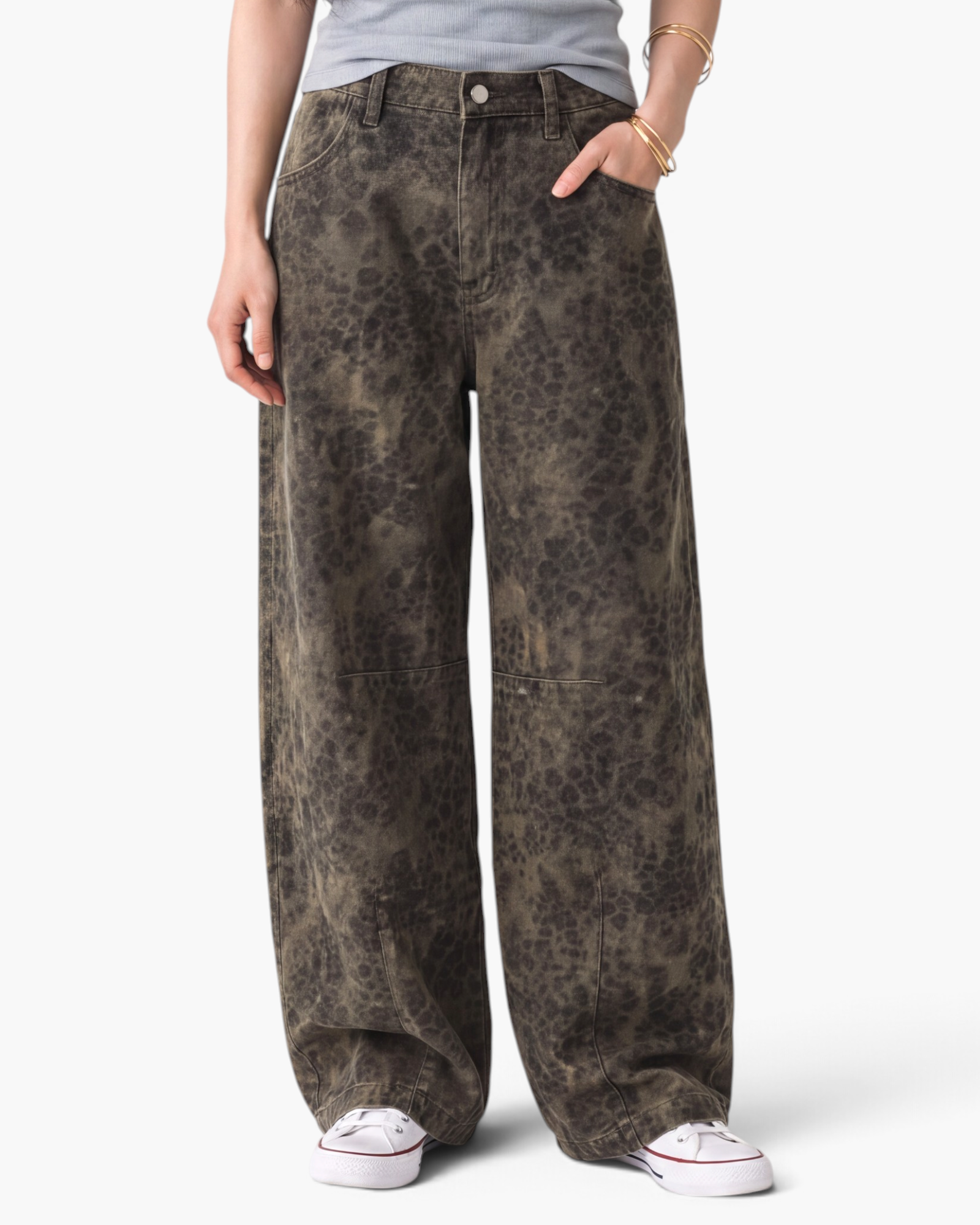 Beach Rose Co. relaxed barrel-leg jeans in faded charcoal denim with seamed knee details and front scoop pockets.