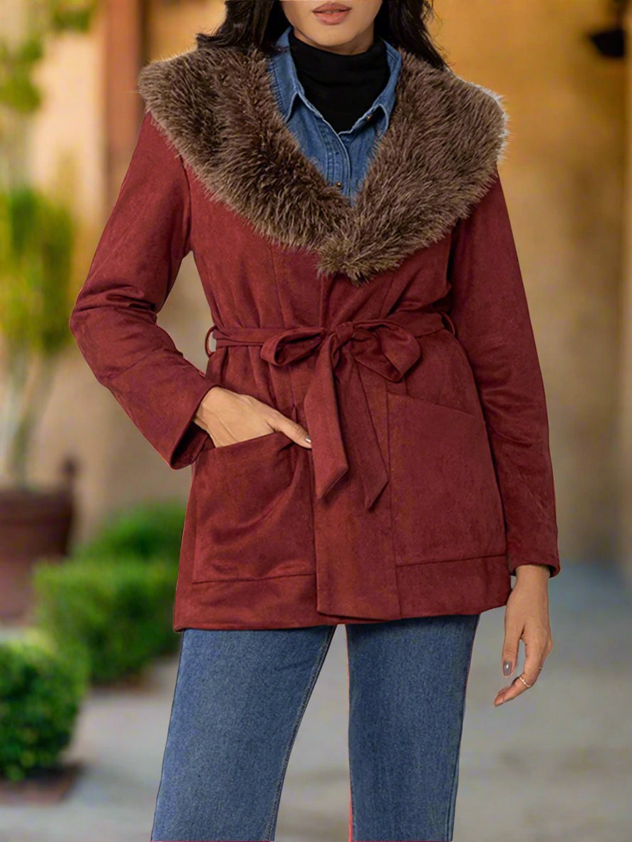 Beach Rose Co. - Faux Fur Collar Tie Waist Jacket in Burgundy