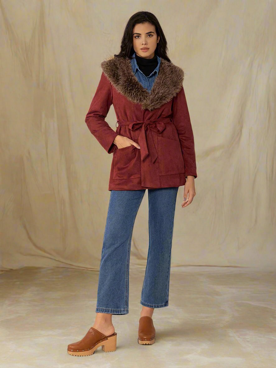 Beach Rose Co. - Faux Fur Collar Tie Waist Jacket in Burgundy