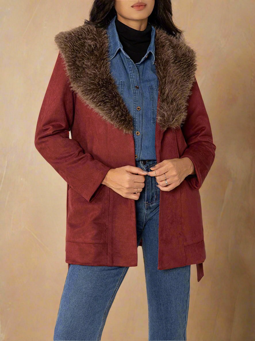 Beach Rose Co. - Faux Fur Collar Tie Waist Jacket in Burgundy