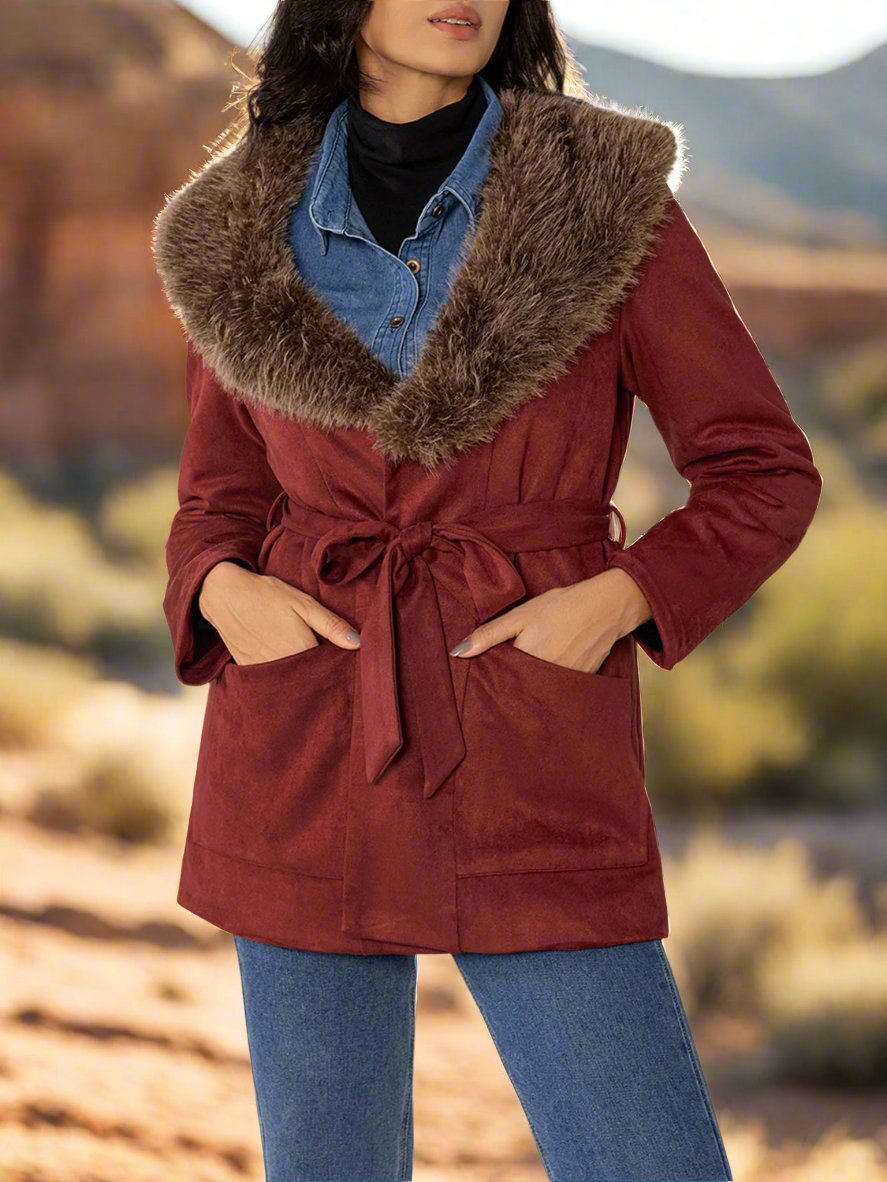 Beach Rose Co. - Faux Fur Collar Tie Waist Jacket in Burgundy