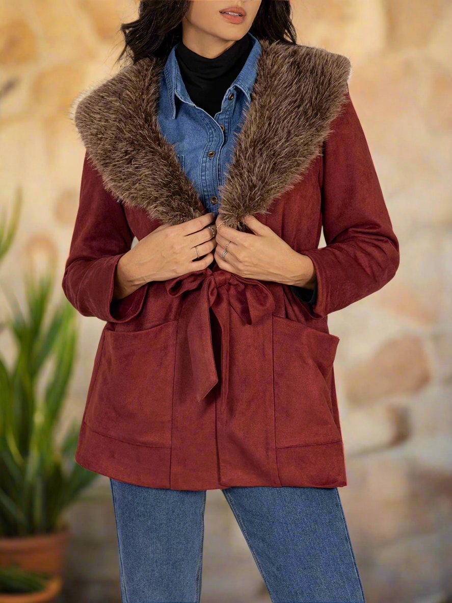 Beach Rose Co. - Faux Fur Collar Tie Waist Jacket in Burgundy