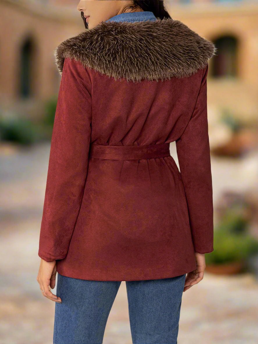 Beach Rose Co. - Faux Fur Collar Tie Waist Jacket in Burgundy