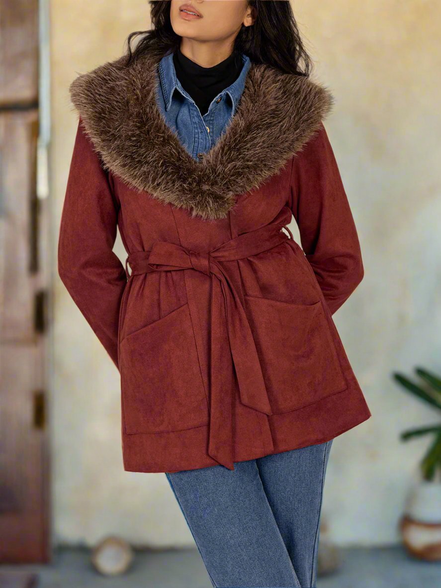 Beach Rose Co. - Faux Fur Collar Tie Waist Jacket in Burgundy