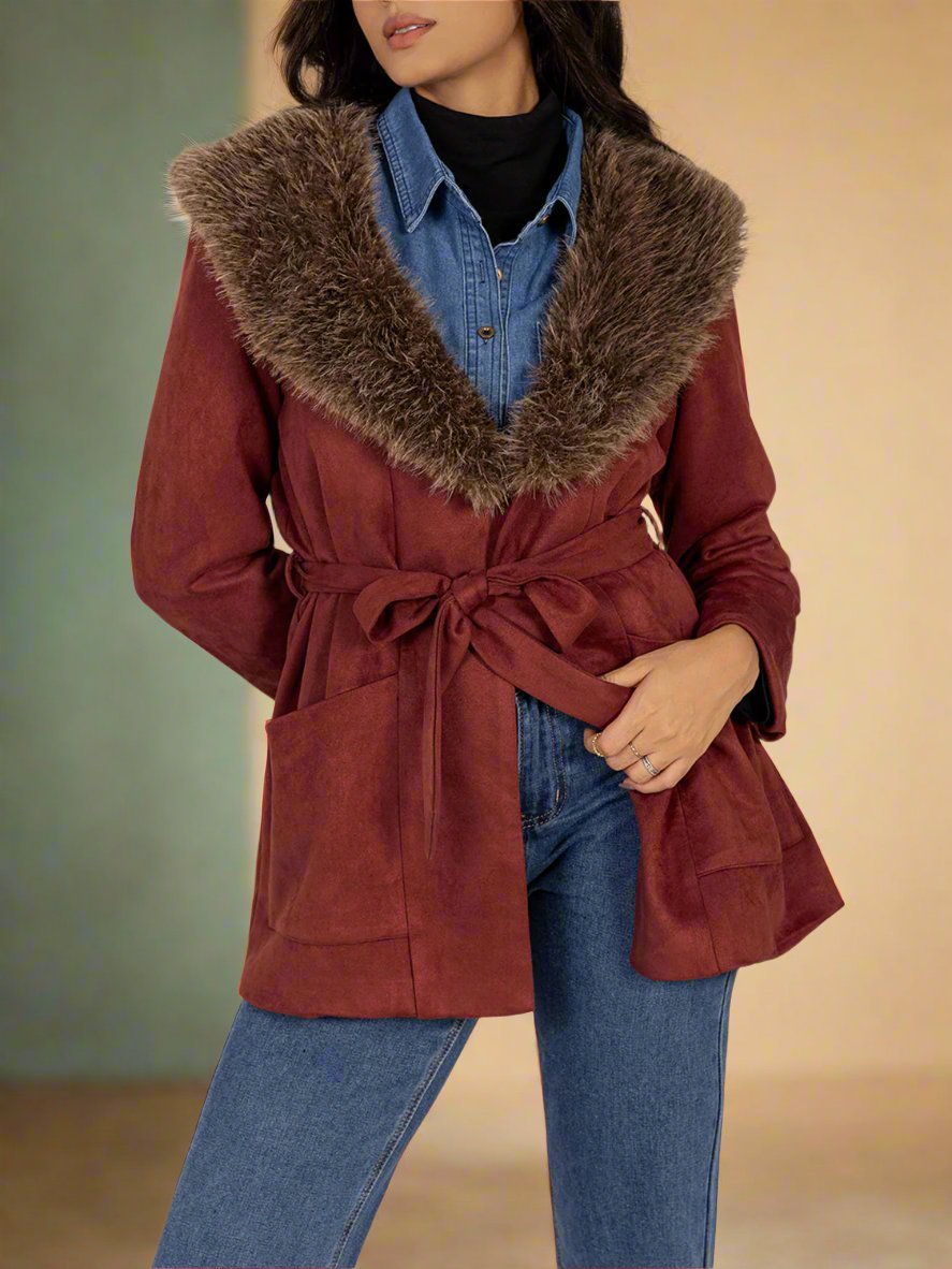 Beach Rose Co. - Faux Fur Collar Tie Waist Jacket in Burgundy