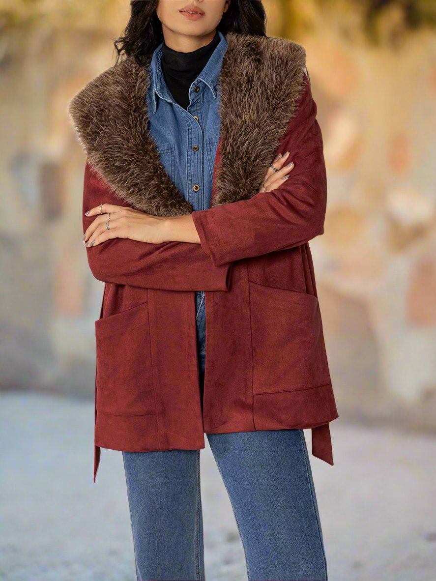 Beach Rose Co. - Faux Fur Collar Tie Waist Jacket in Burgundy