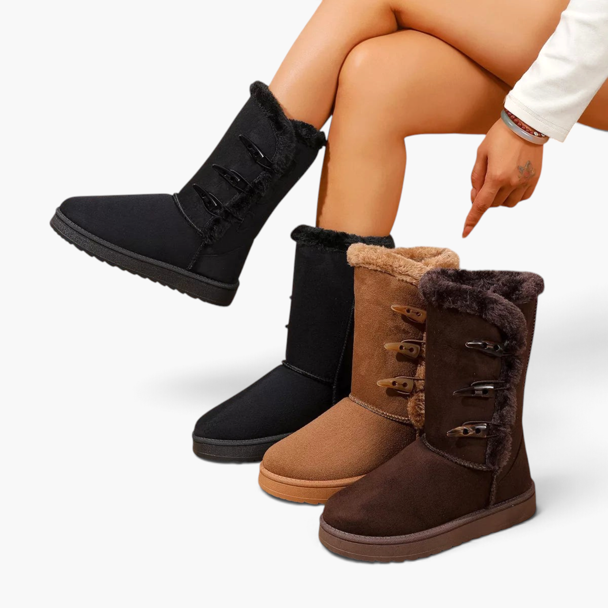 Beach Rose Co. suede mid-calf boots with faux fur trim and triple toggle closures in black, tan, and dark brown