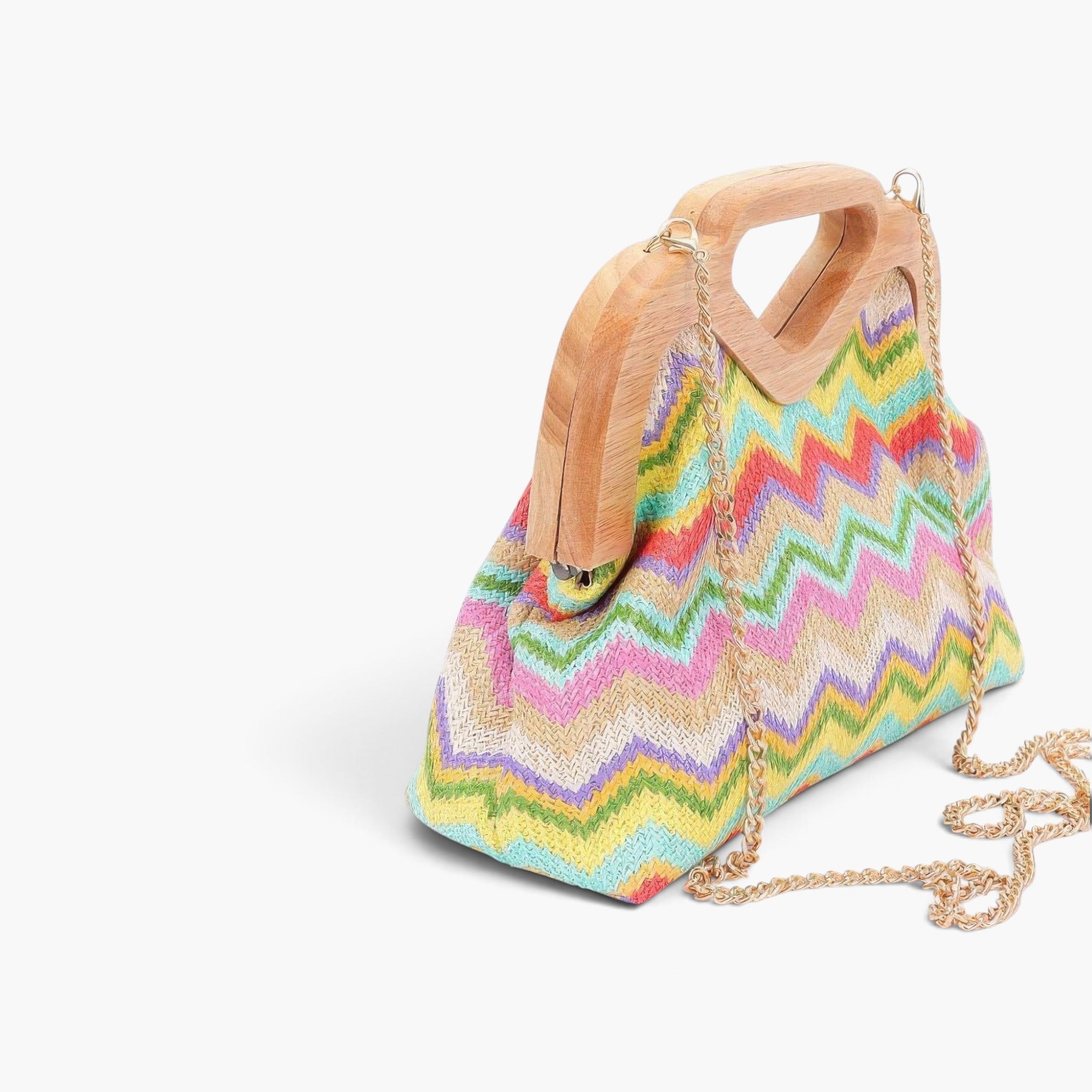 Beach Rose Co. faux straw clutch with a wooden frame and a colorful chevron pattern, featuring a gold chain strap.