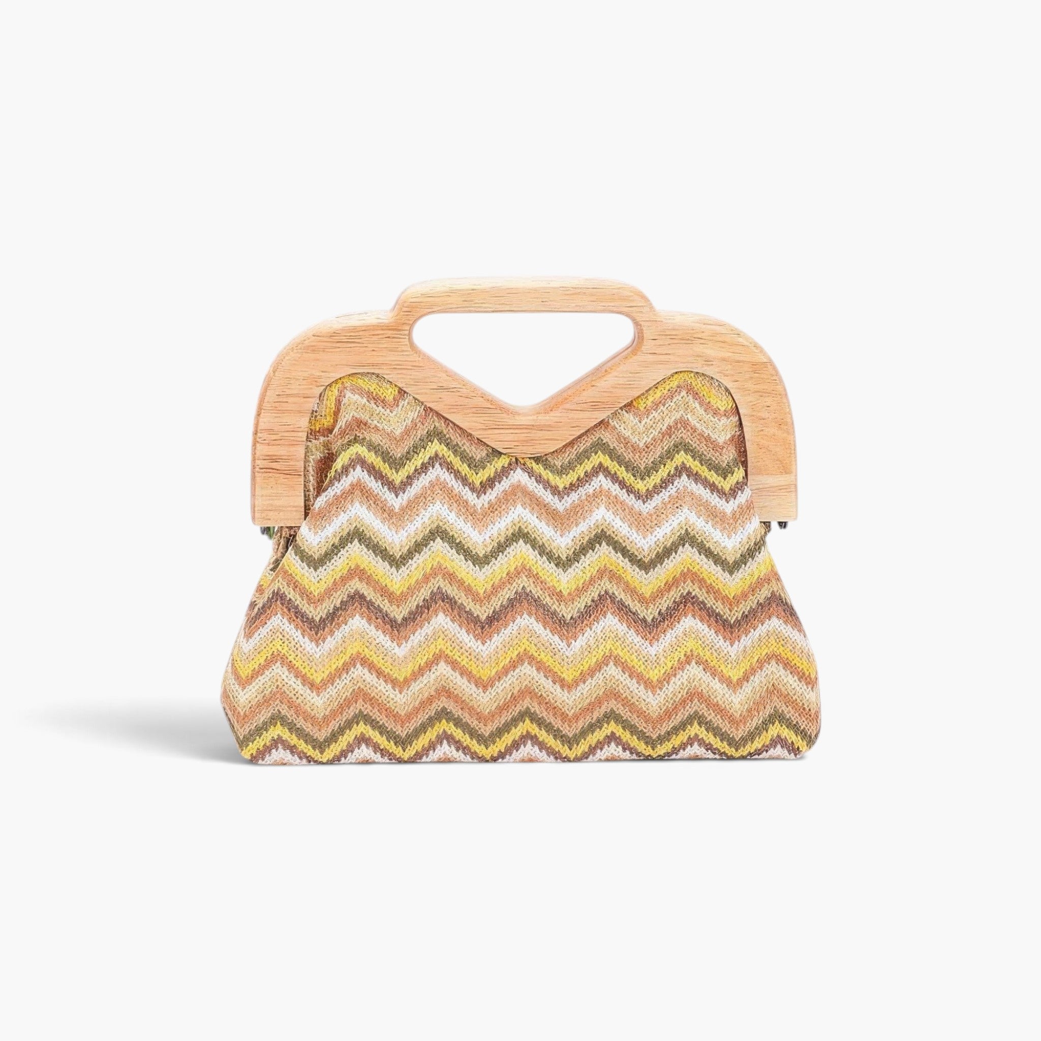 Beach Rose Co. faux straw clutch with a chevron pattern in earth tones and a light wood frame handle