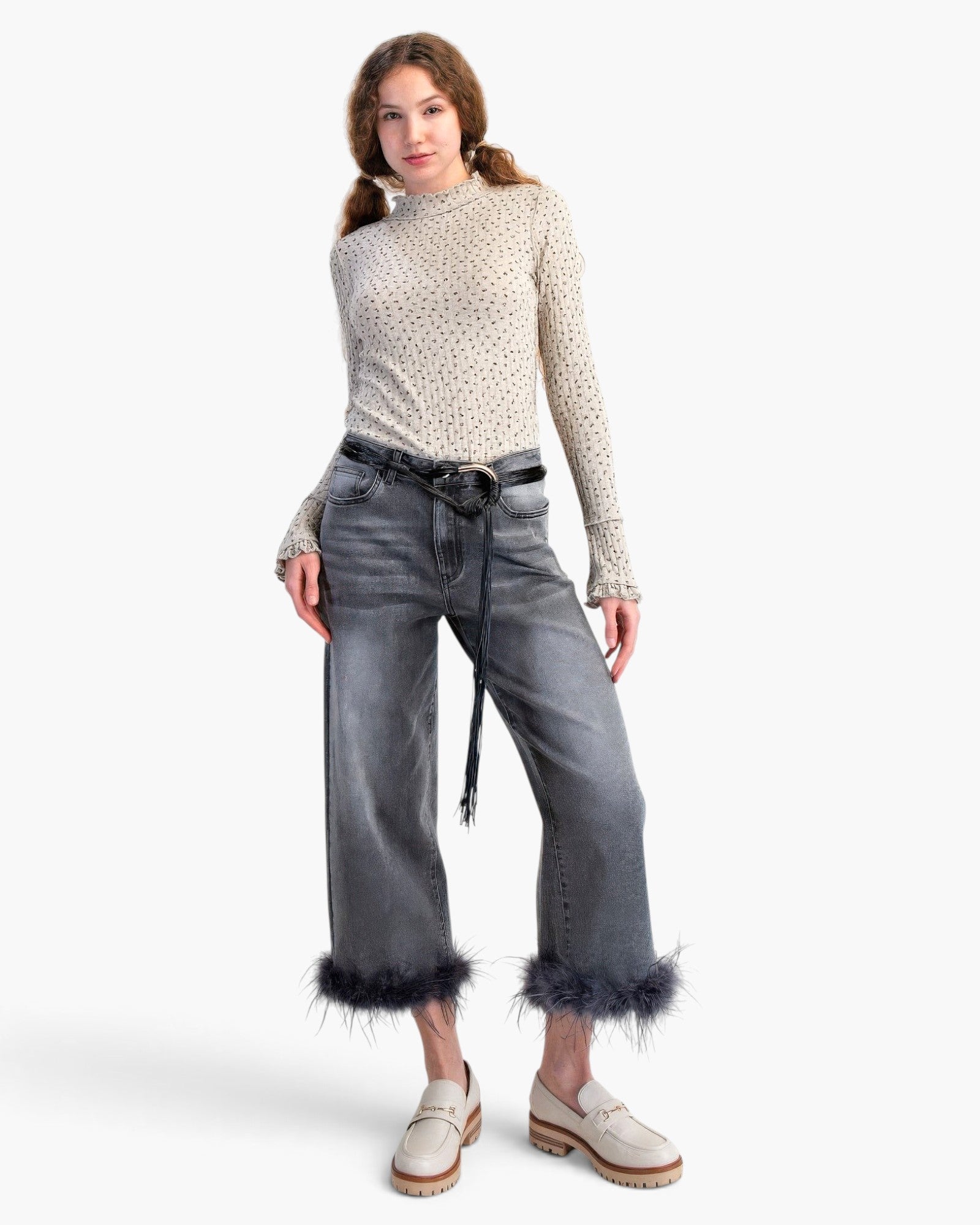Beach Rose Co. high-waisted washed grey stretch denim pants with a cropped straight-leg fit and bold feather hem trim.