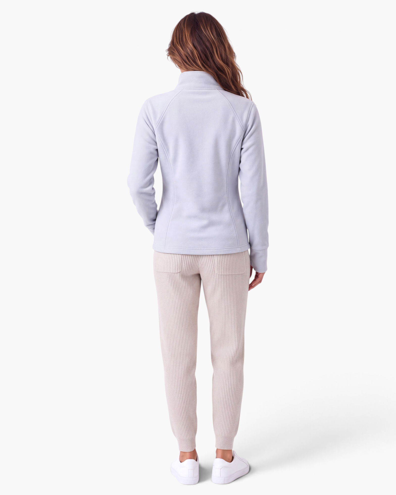 Beach Rose Co. light grey fitted polyester zip-up jacket with contoured seams and stand collar, back view.