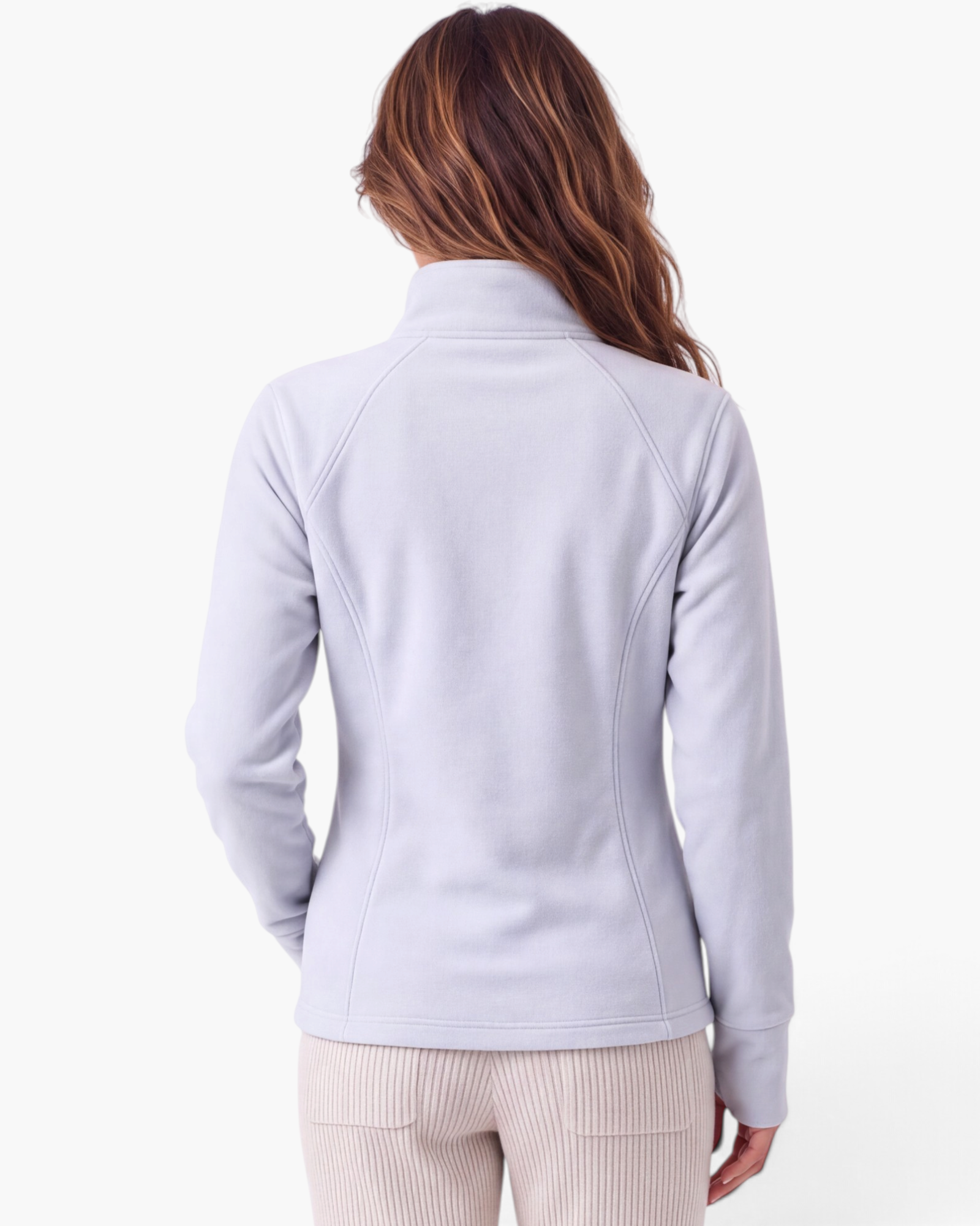 Beach Rose Co. light grey fitted polyester zip-up jacket with contoured back seams and a stand collar.