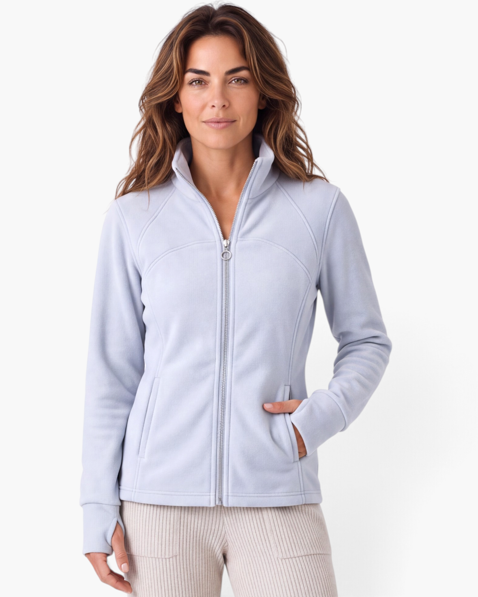 Beach Rose Co. light blue fitted polyester zip-up jacket with stand collar and contoured seam detailing.