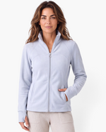 Beach Rose Co. light blue fitted polyester zip-up jacket with stand collar and contoured seam detailing.