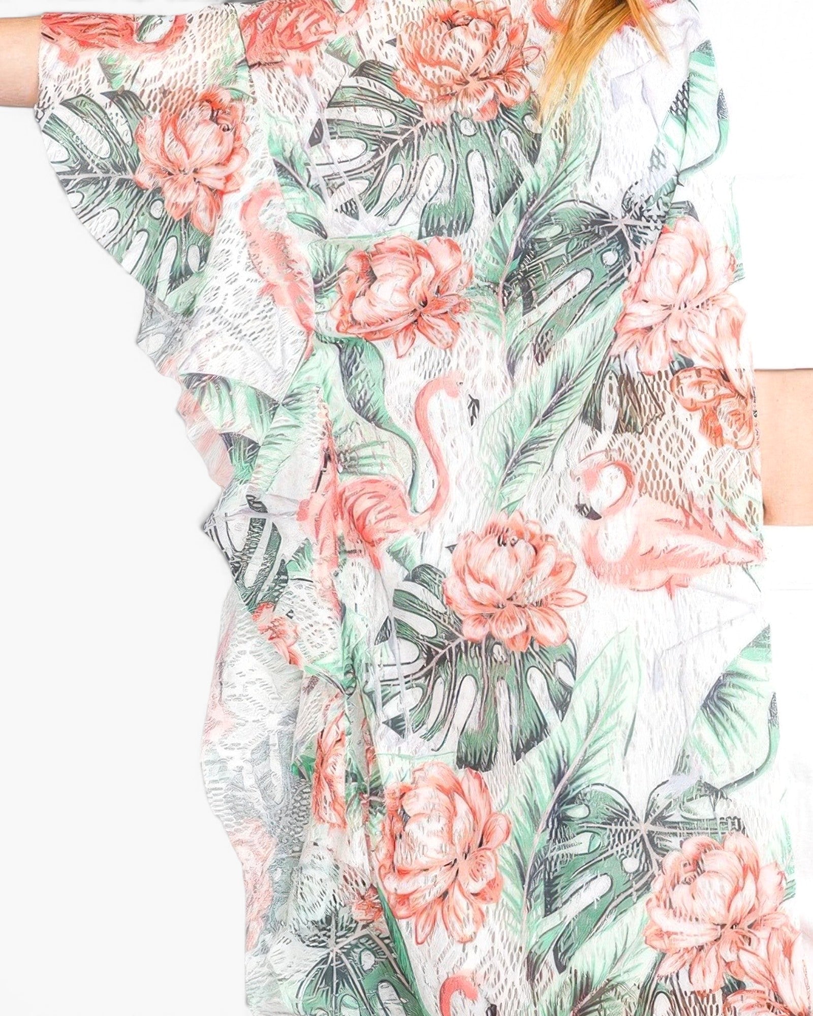 Beach Rose Co. ruffle-lined open-front cover-up featuring a vibrant tropical flamingo and floral print on polyester.