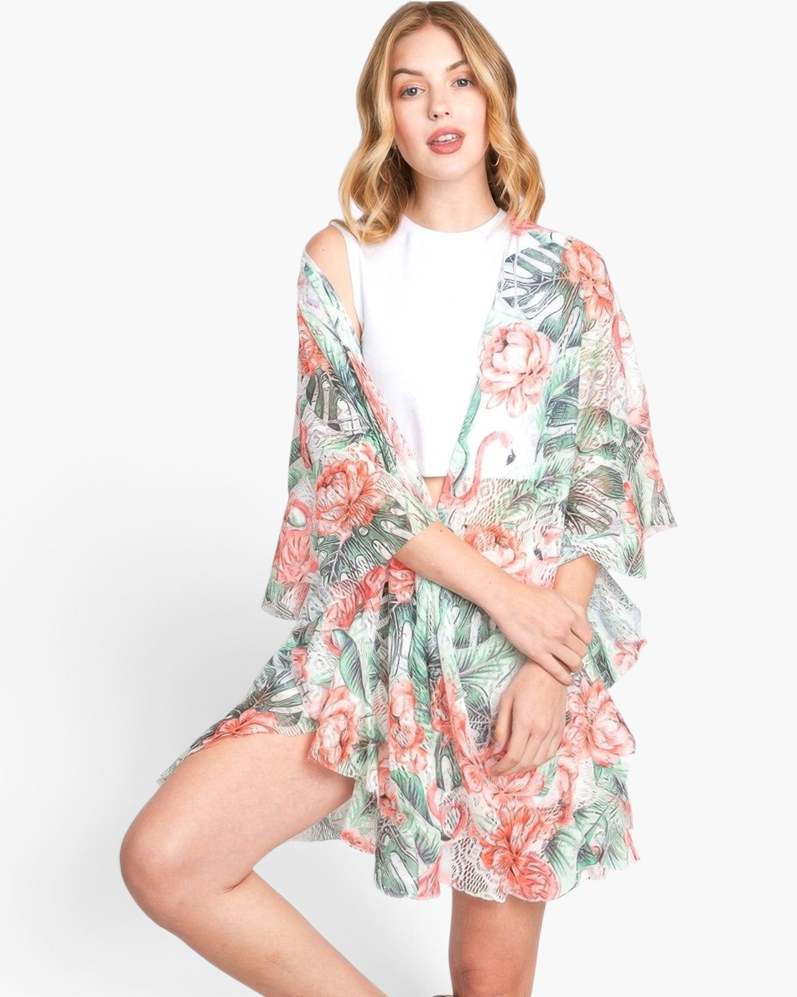 Beach Rose Co. ruffle-lined open-front cover-up featuring a vibrant tropical flamingo and foliage print on polyester.