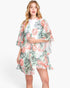 Beach Rose Co. model wearing a lightweight tropical flamingo and foliage print open-front cover-up with ruffle trim.