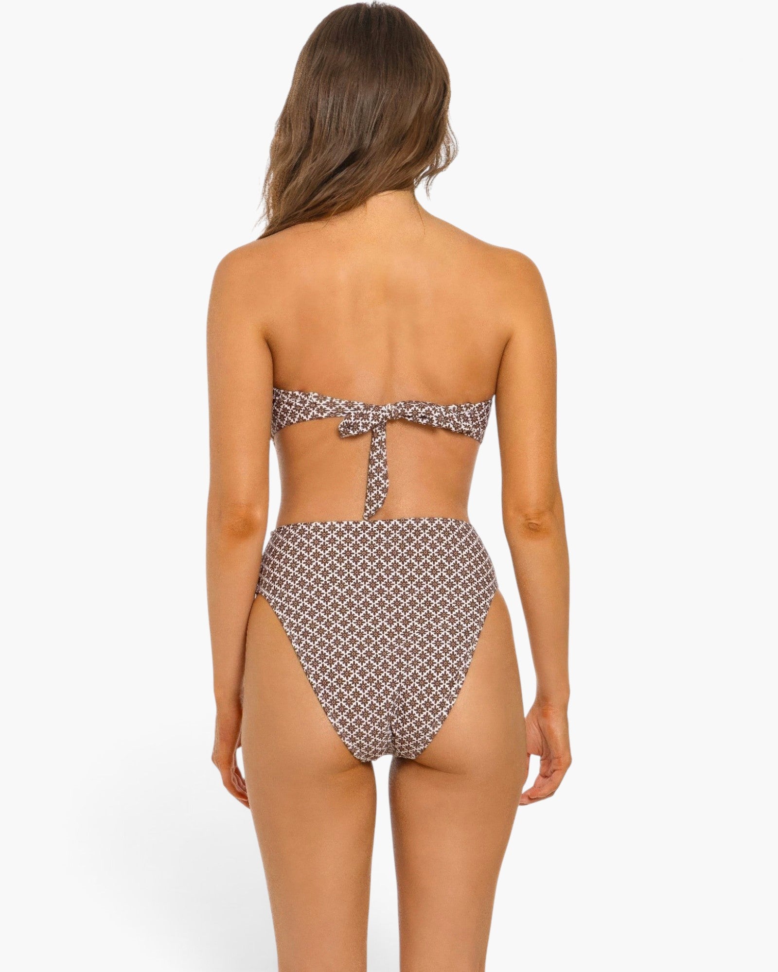 Beach Rose Co. Flora monokini swimsuit with a brown and white geometric print, featuring a tie-back detail, back view.